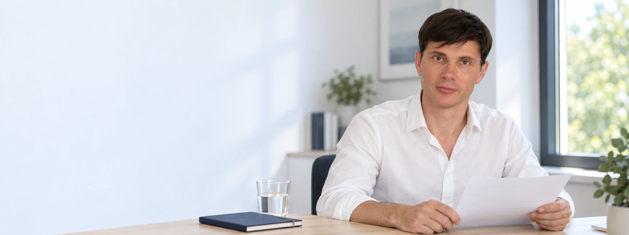 Volodymyr Krasnykh in a white shirt reviewing documents at a bright desk by the window