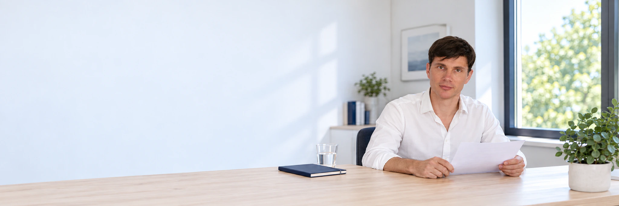 Volodymyr Krasnykh in a white shirt reviewing documents at a bright desk by the window
